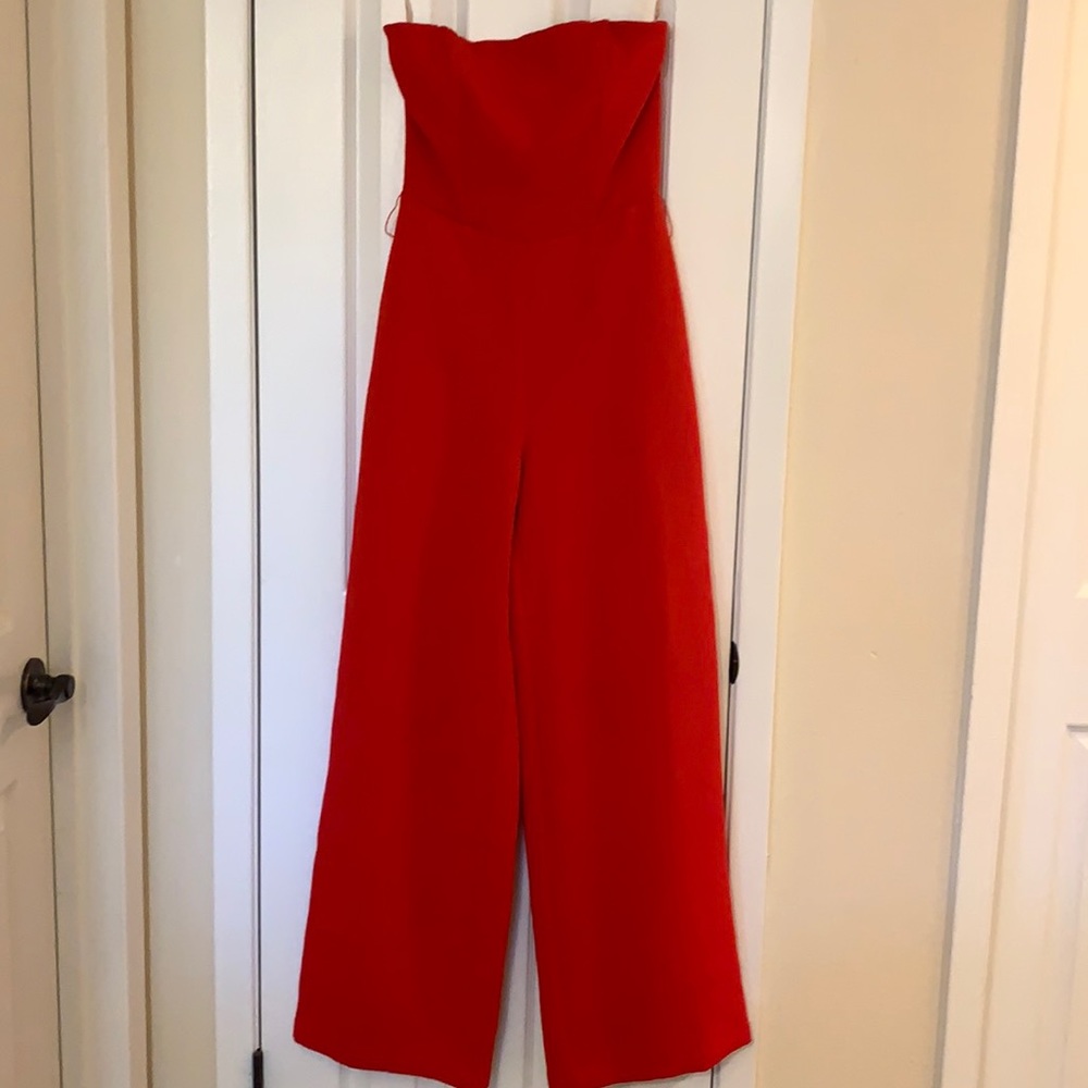 Red strapless jumpsuit
